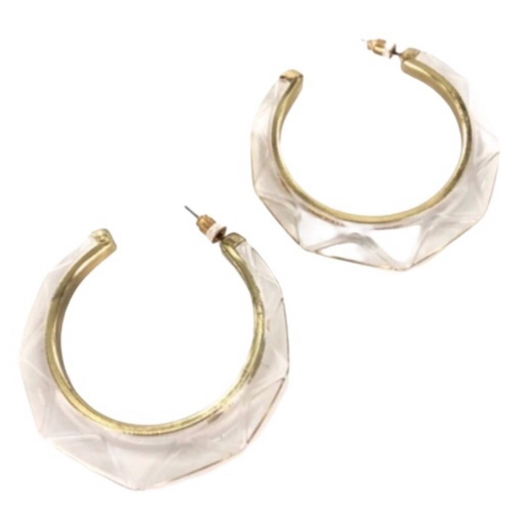 NEW Gottex 2 1/4” Hoopla Clear Lucite 18 KT Gold Plated Geometric Hoop Earrings